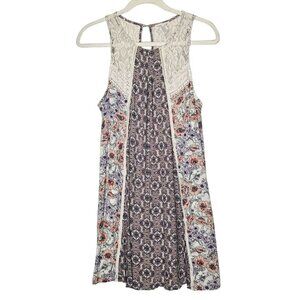 Clover‎ + Scout S Boho Floral Lace Panel Tunic size S Rayon Cotton Purple Cream